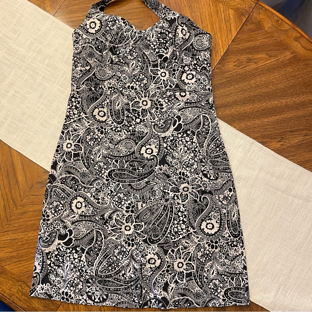 PAISLEY FLORAL BLACK AND WHITE HALTER DRESS BY POET 10